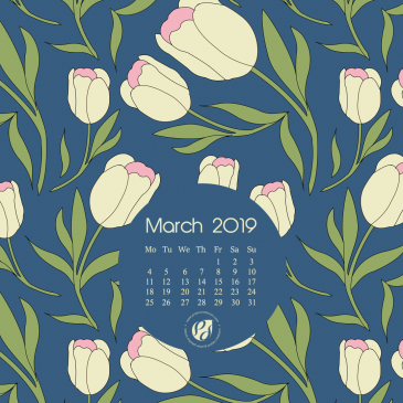 March 2019 free calendar wallpapers & printable planner, illustrated – Spring Tulips Tossed