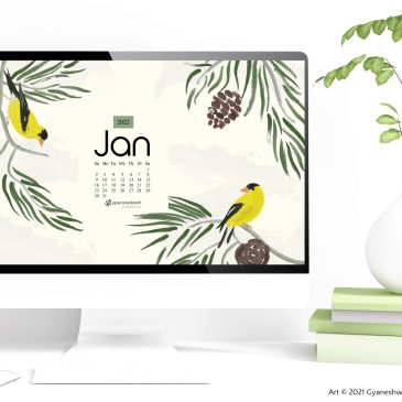 January 2022 Desktop/Mobile Calendar Wallpapers & Printable Planner, Illustrated – Goldfinch On Pine