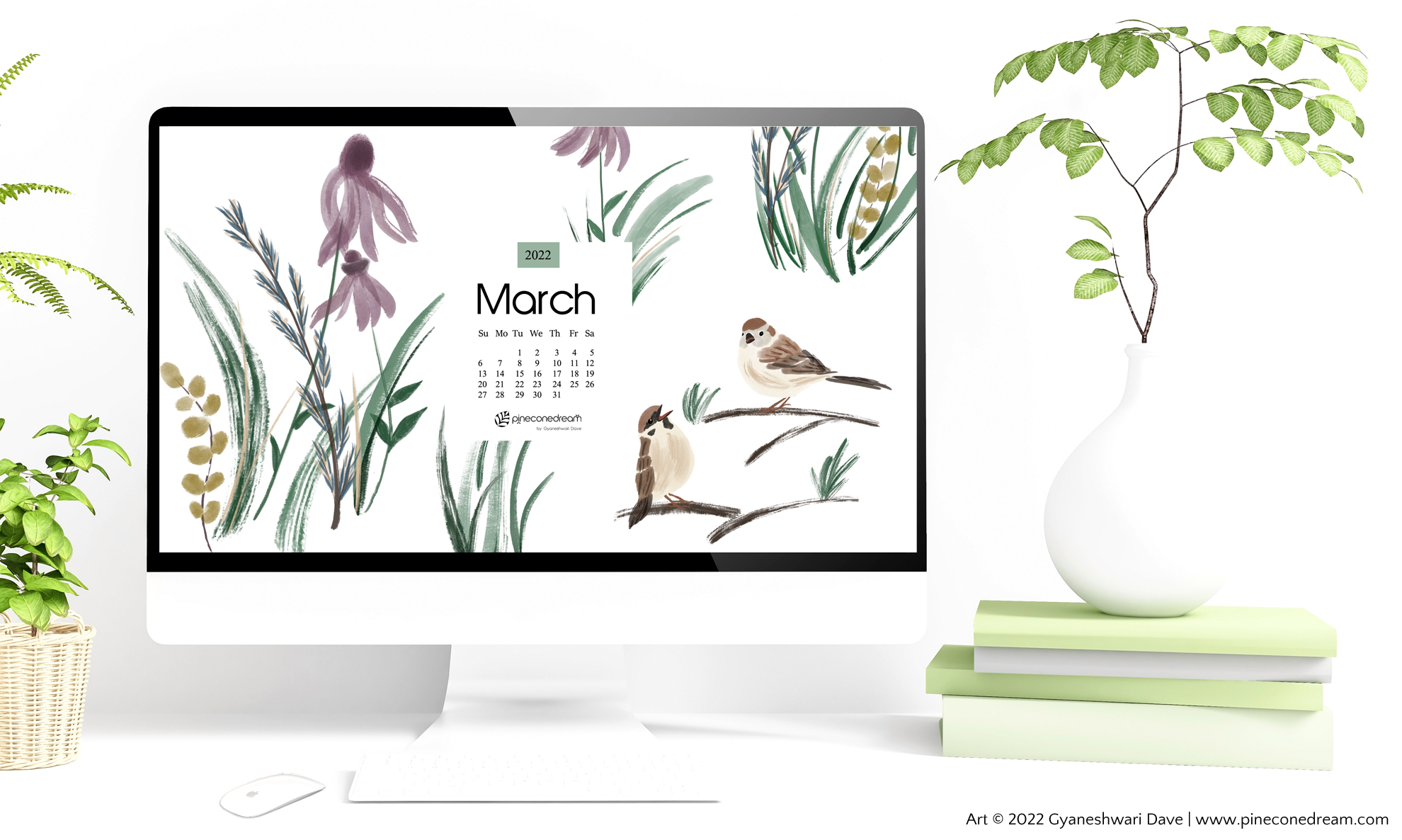 March 2022 Desktop Calendar March 2022 Desktop/Mobile Calendar Wallpapers & Printable Planner,  Illustrated - Prairie Chirps - Pineconedream By Gyaneshwari Dave